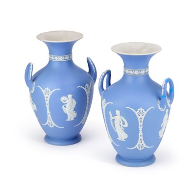 Lot 88 - A PAIR OF WEDGWOOD BLUE JASPER TWO-HANDLED VASES