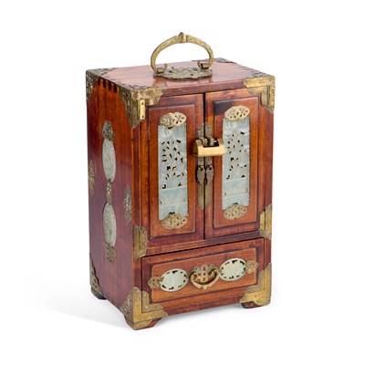 Lot 482 - A CHINESE JADE AND BRASS-MOUNTED HARDWOOD TABLE CABINET