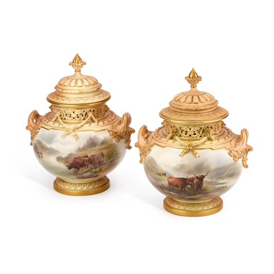 Lot 142 - A LARGE PAIR OF ROYAL WORCESTER BOW VASES AND COVERS