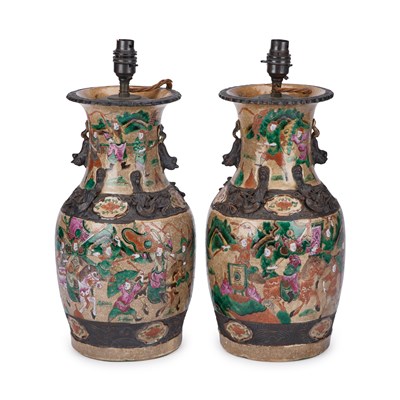Lot 218 - A PAIR OF CHINESE FAMILLE ROSE CRACKLE-GLAZED PORCELAIN TABLE LAMPS