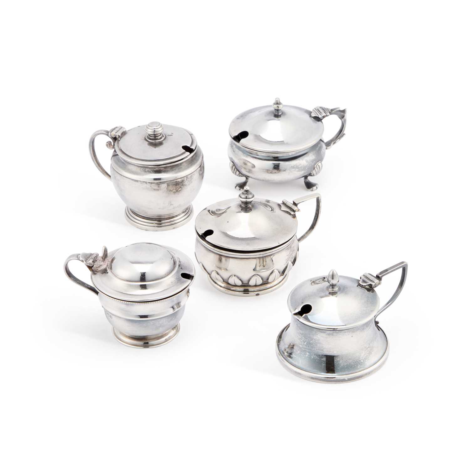 Lot 256 - A GROUP OF FIVE SILVER MUSTARD POTS