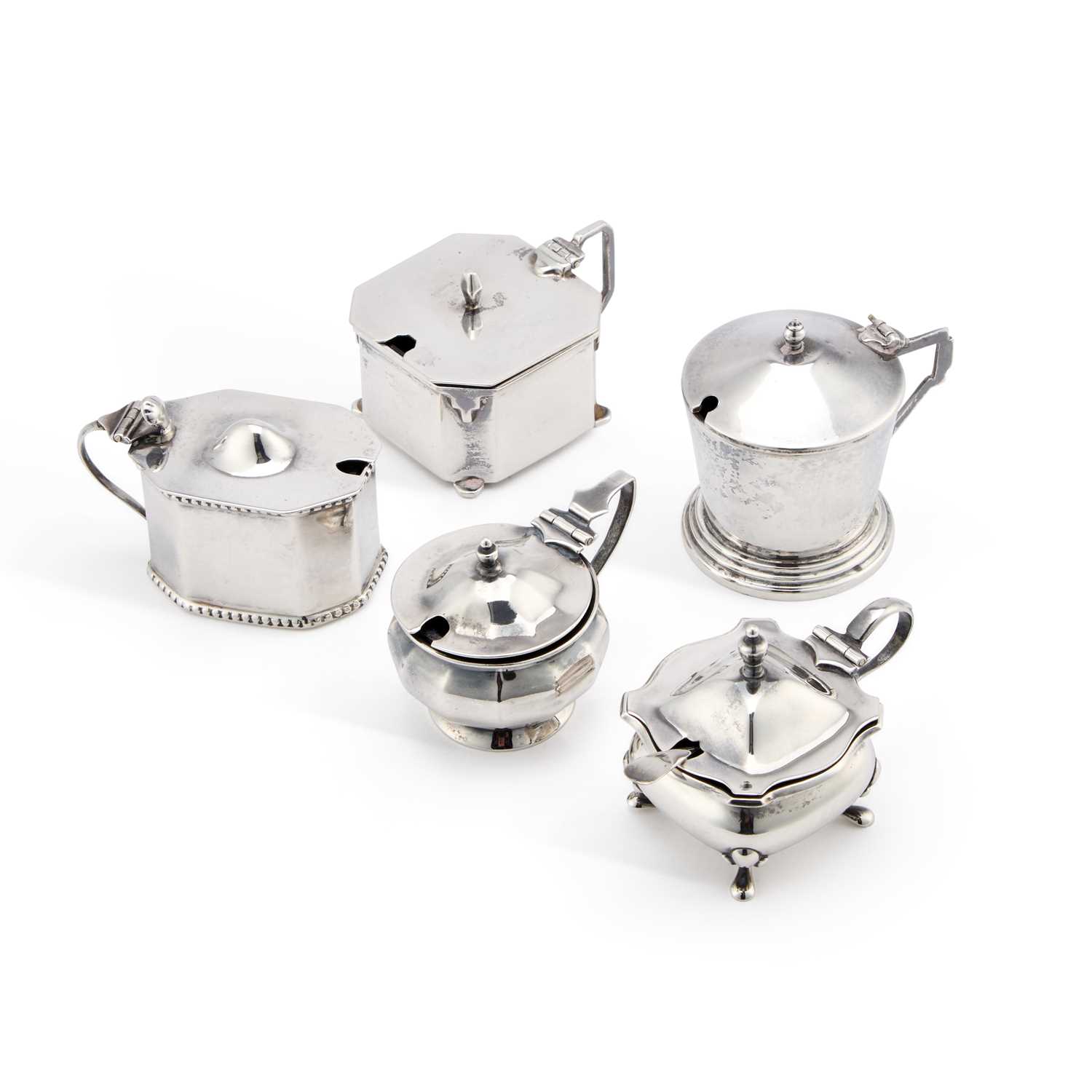 Lot 263 - A GROUP OF FIVE SILVER MUSTARD POTS
