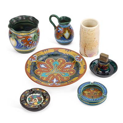 Lot 61 - SIX PIECES OF GOUDA POTTERY AND A CLARICE CLIFF VASE
