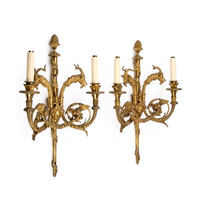 Lot 137 - A PAIR OF 18TH CENTURY STYLE ORMOLU TWO-LIGHT WALL SCONCES