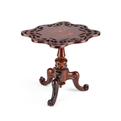 Lot 813 - A VICTORIAN INLAID ROSEWOOD MINIATURE TILT-TOP TRIPOD TABLE