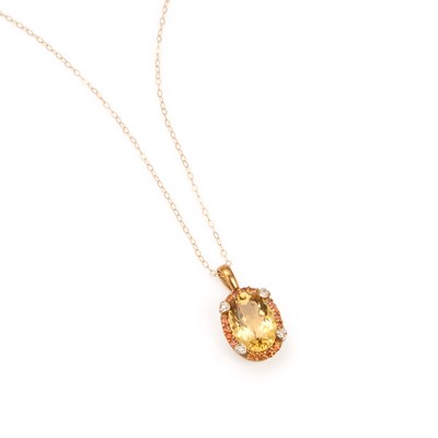 Lot 547 - A 9 CARAT GOLD CITRINE, ORANGE SAPPHIRE AND DIAMOND CLUSTER PENDANT ON CHAIN