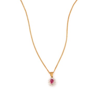 Lot 480 - A 9 CARAT GOLD RUBY AND DIAMOND CLUSTER PENDANT ON CHAIN