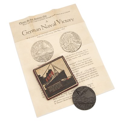 Lot 26 - A FIRST WORLD WAR BOXED RMS LUSITANIA MEDAL AND LEAFLET