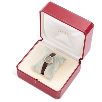 Lot 450 - A LADY'S BI-METAL CARTIER SANTOS AUTOMATIC STRAP WATCH