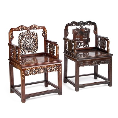 Lot 817 - A CHINESE MOTHER-OF-PEARL INLAID HARDWOOD ARMCHAIR