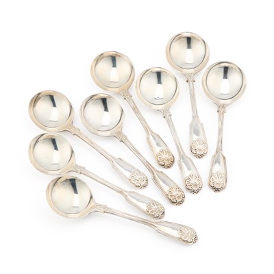 Lot 252 - A SET OF EIGHT GEORGE VI SILVER SOUP SPOONS