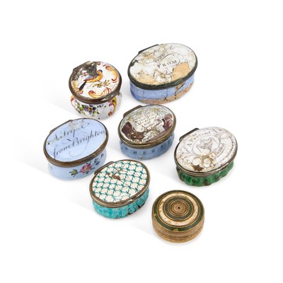Lot 458 - SIX 18TH CENTURY ENAMEL PATCH BOXES AND A BRASS AND ENAMEL BOX
