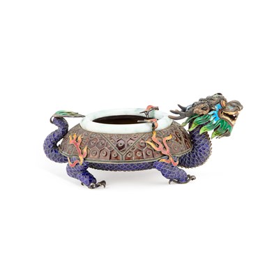 Lot 207 - A CHINESE SILVER, JADE AND ENAMEL 'LONGGUI' BRUSH WASHER