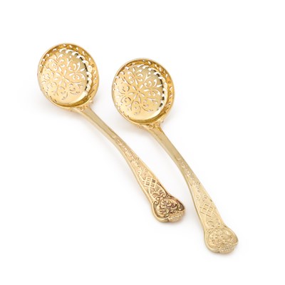 Lot 342 - A PAIR OF VICTORIAN SILVER-GILT FANCY SIFTING LADLES