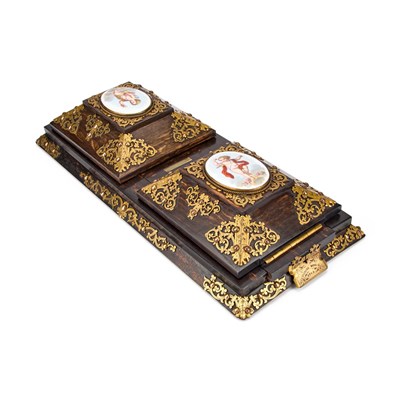 Lot 870 - A FINE VICTORIAN GILT-BRASS AND PORCELAIN MOUNTED COROMANDEL BOOK SLIDE