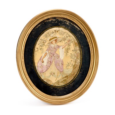 Lot 38 - A VERRE EGLOMISE FRAMED SILK NEEDLEWORK PICTURE