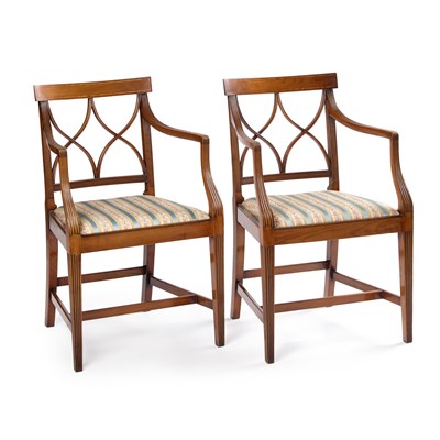 Lot 624 - A PAIR OF REGENCY STYLE MAHOGANY OPEN ARMCHAIRS