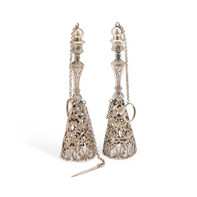 Lot 675 - A PAIR OF 19TH CENTURY SILVERED METAL POSY HOLDERS