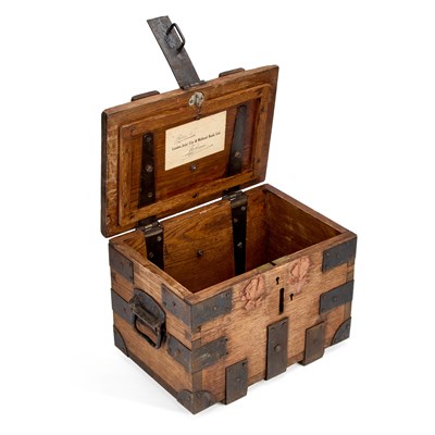 Lot 704 - A 19TH CENTURY IRON-BOUND OAK STRONG BOX