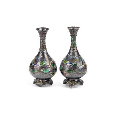 Lot 66 - A FINE PAIR OF JAPANESE SILVER AND ENAMEL VASES