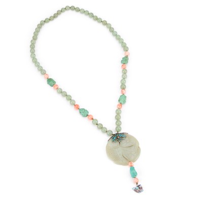 Lot 110 - A CHINESE JADE, CORAL AND TURQUOISE PENDANT NECKLACE