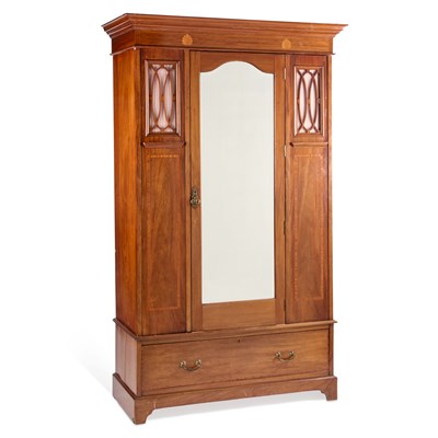 Lot 810 - AN EDWARDIAN INLAID MAHOGANY MIRROR-FRONTED WARDROBE
