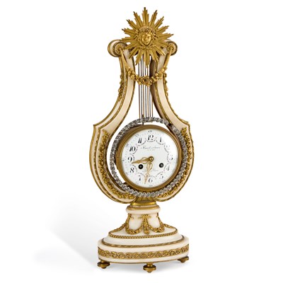Lot 773 - A FRENCH GILT-BRONZE MOUNTED WHITE MARBLE LYRE MANTEL CLOCK