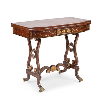 Lot 863 - A REGENCY IRISH BRASS-INLAID ROSEWOOD FOLDOVER CARD TABLE