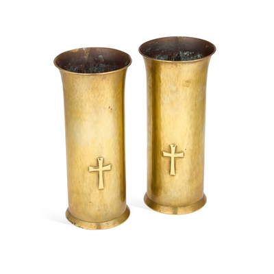 Lot 140 - A PAIR OF KESWICK SCHOOL OF INDUSTRIAL ART BRASS VASES