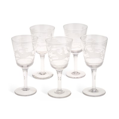 Lot 45 - FIVE LARGE ETCHED GLASS 'HUNTING' GOBLETS