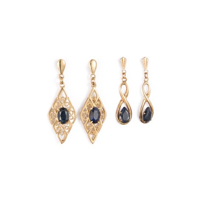 Lot 476 - TWO PAIRS OF SAPPHIRE PENDANT EARRINGS