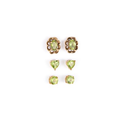Lot 413 - THREE PAIRS OF PERIDOT STUD EARRINGS