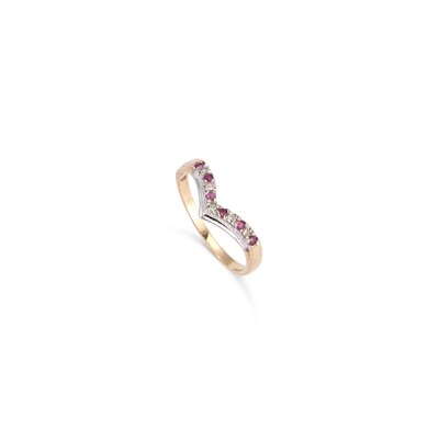 Lot 410 - A 9 CARAT GOLD RUBY AND DIAMOND WISHBONE RING