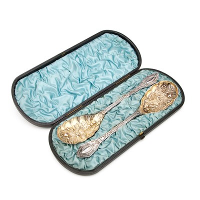 Lot 250 - A PAIR OF VICTORIAN SILVER-PLATED FANCY SERVING SPOONS