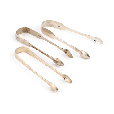 Lot 362 - THREE PAIRS OF SILVER SUGAR TONGS
