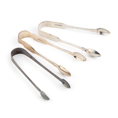 Lot 295 - THREE PAIRS OF SILVER SUGAR TONGS