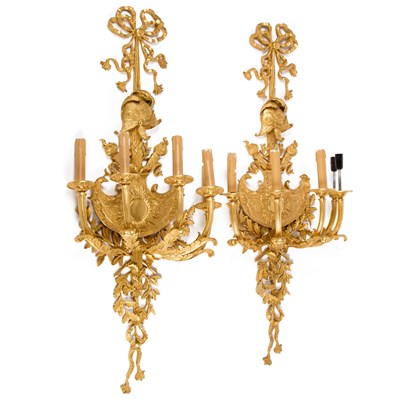 Lot 625 - A MONUMENTAL PAIR OF NEOCLASSICAL REVIVAL ORMOLU FIVE-LIGHT WALL SCONCES