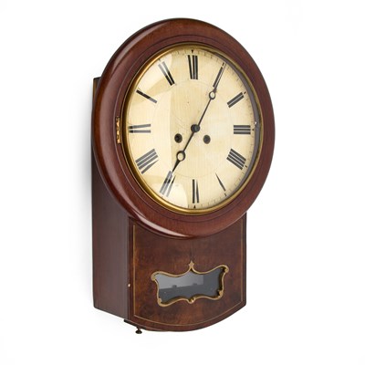 Lot 525 - A 19TH CENTURY BRASS AND MAHOGANY DOUBLE-FUSEE WALL CLOCK