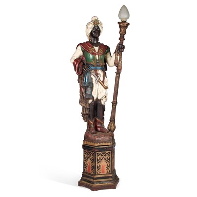 Lot 705 - A POLYCHROME DECORATED BLACKAMOOR FIGURAL STANDARD LAMP