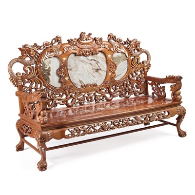 Lot 654 - A LARGE CHINESE MARBLE-INSET, MOTHER-OF-PEARL INLAID AND CARVED HARDWOOD BENCH