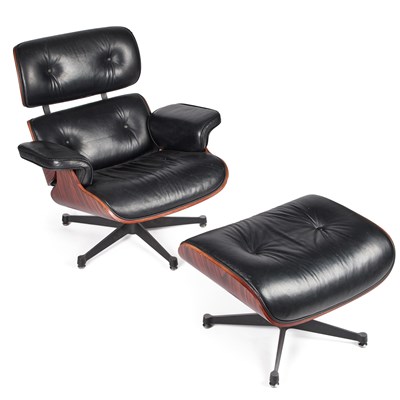 Lot 664 - AN EAMES TYPE CHAIR AND OTTOMAN