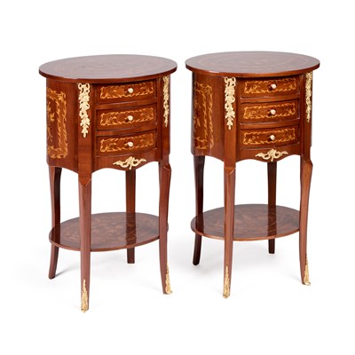 Lot 652 - A PAIR OF FRENCH FLORAL MARQUETRY OVAL CHESTS OF DRAWERS