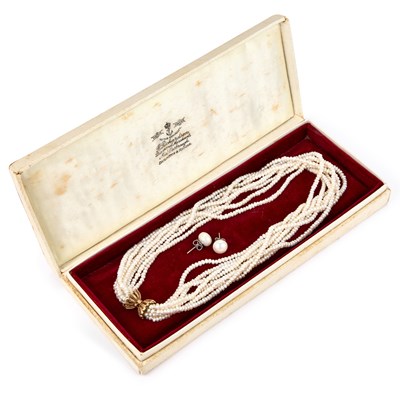 Lot 411 - A SEED PEARL TORSADE NECKLACE WITH A 9 CARAT GOLD FANCY CLASP AND A PAIR OF CULTURED PEARL EARRINGS