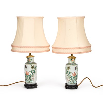Lot 80 - A PAIR OF CHINESE FAMILLE VERTE PORCELAIN TABLE LAMPS