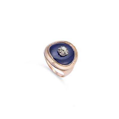 Lot 479 - A GEORGE III SOLITAIRE DIAMOND AND BLUE ENAMEL MEMORIAL RING