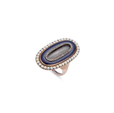 Lot 484 - A GEORGIAN DIAMOND, SEED PEARL AND BLUE ENAMEL MEMORIAL RING