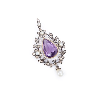 Lot 520 - A LARGE AMETHYST, DIAMOND AND PEARL PENDANT