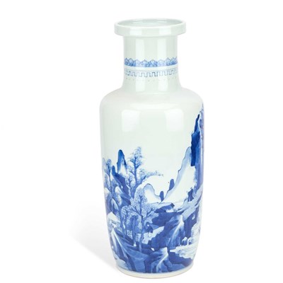 Lot 67 - A LARGE CHINESE BLUE AND WHITE PORCELAIN 'LANDSCAPE' ROULEAU VASE