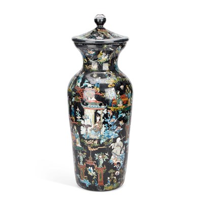 Lot 9 - A 19TH CENTURY DECALCOMANIA GLASS BALUSTER VASE AND COVER