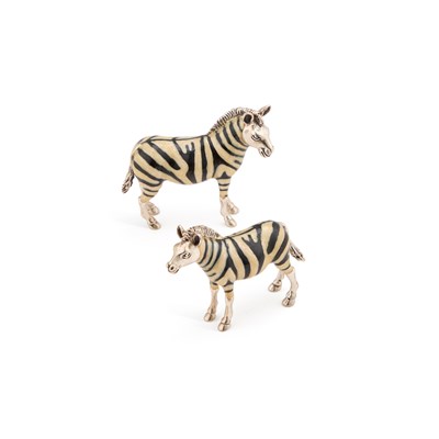 Lot 239 - TWO ITALIAN SILVER AND ENAMEL MODELS OF ZEBRAS